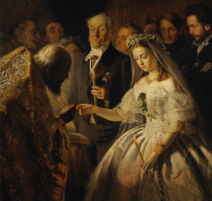 لوحة “الزواج غير المتكافئ” (Unequal Marriage) للفنان الروسي فاسيلي بوكيريف، رُسمت عام 1862
